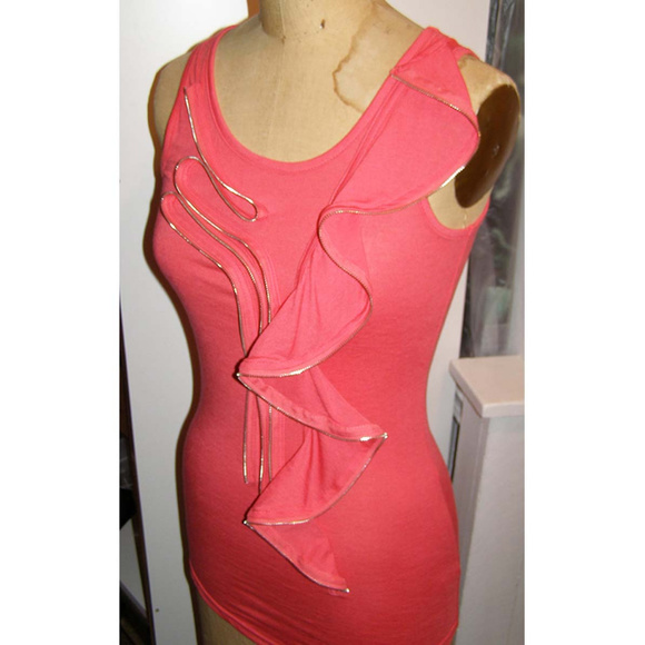 🌺 New Long Coral Tank top by YA with Zipper Ruffle M - Picture 2 of 6